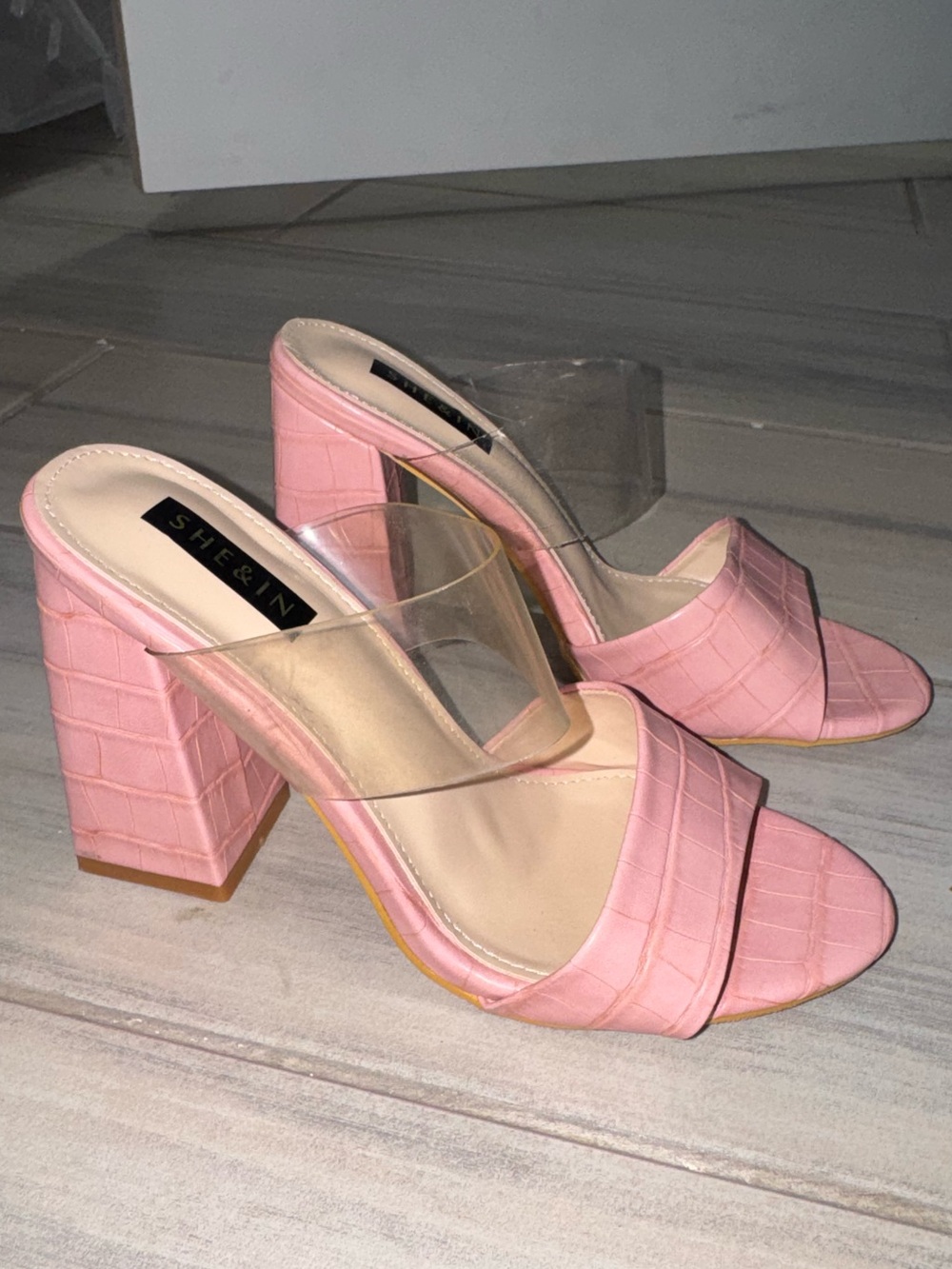 Pink Croc Embossed Block Heel Sandals with Clear Strap